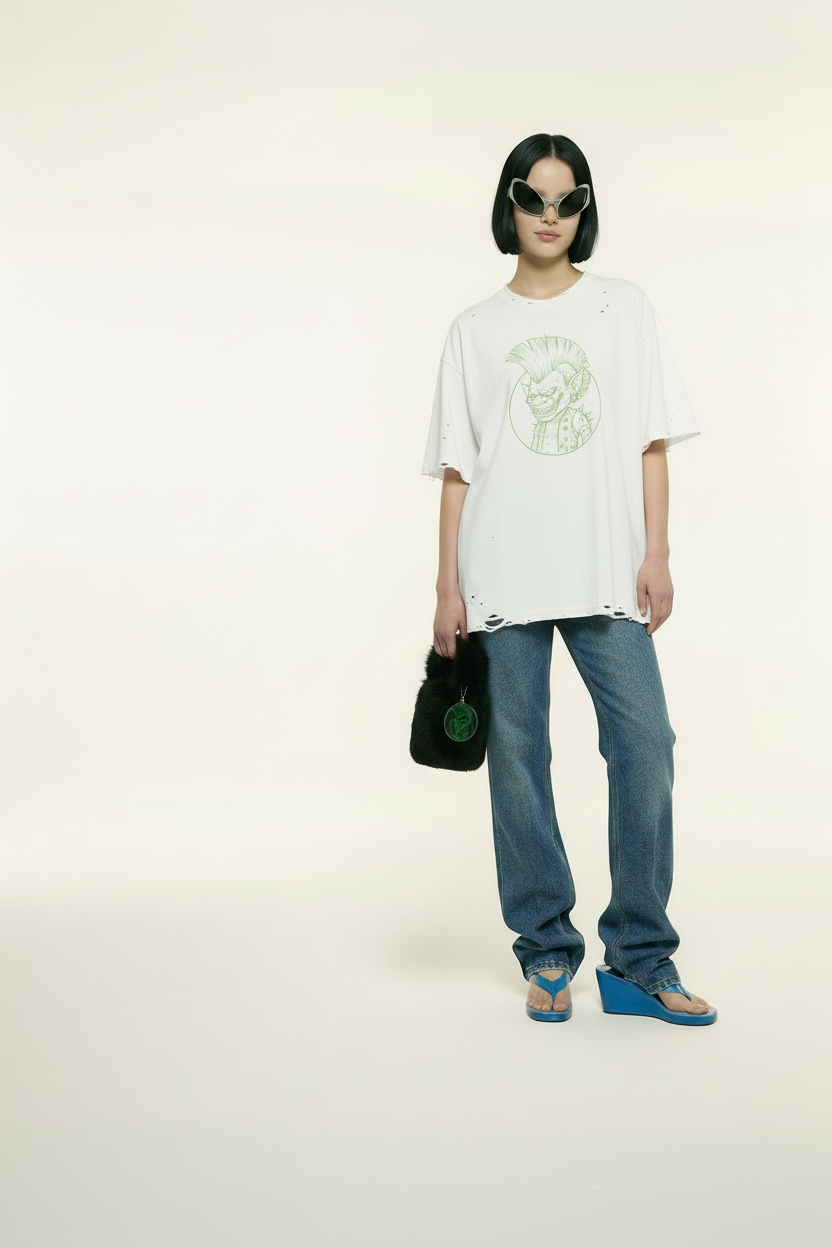Centered portrait of model in punk troll t-shirt with black bag