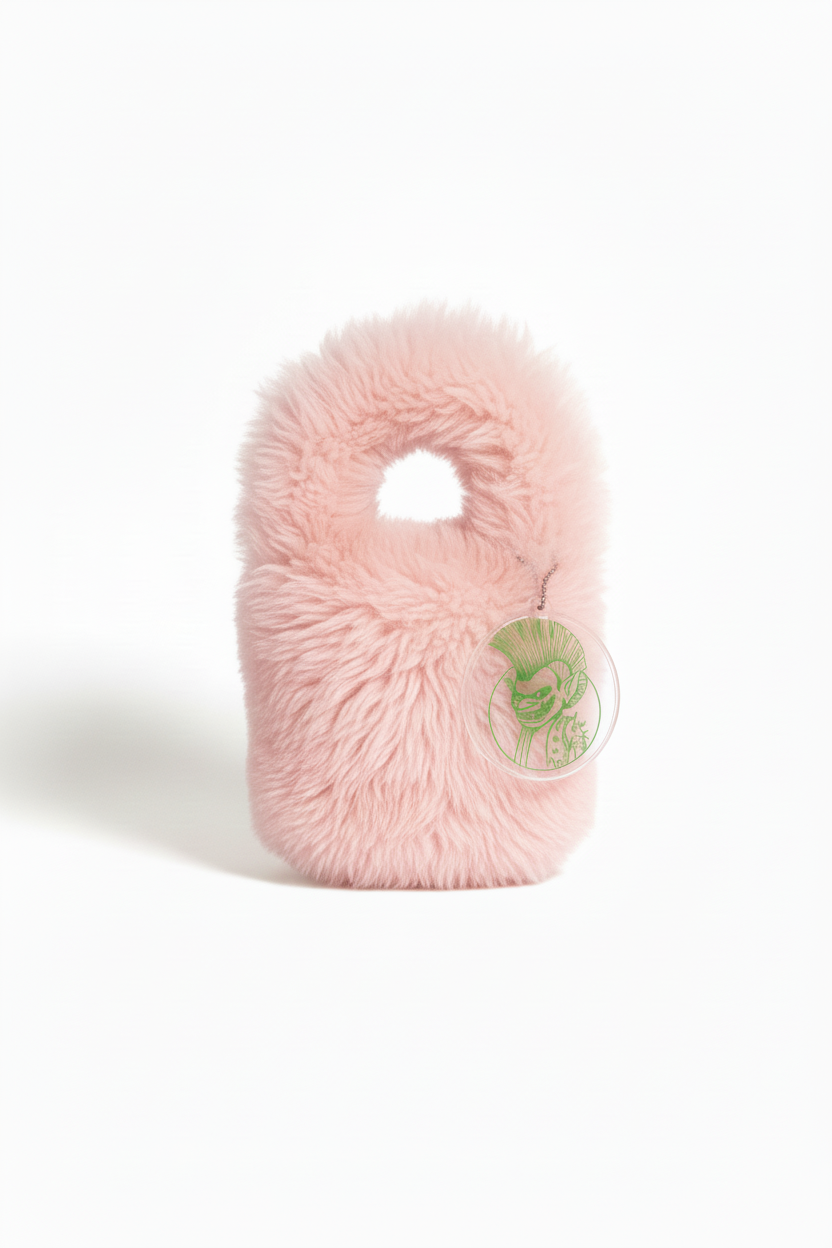 Soft candy pink shearling mini bag with monster charm